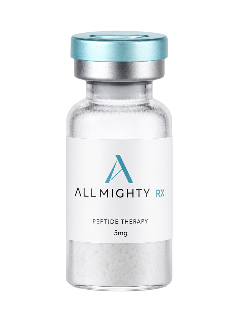AllMighty RX peptide therapy vial with ice-blue cap