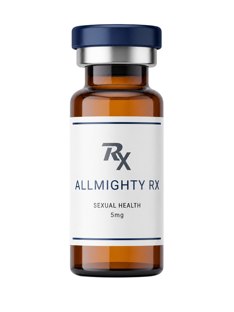 AllMighty RX sexual health amber vial with navy cap