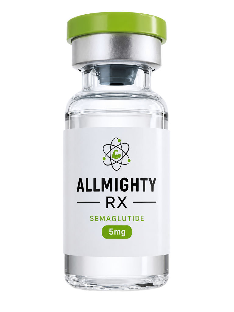 AllMighty RX semaglutide vial with lime cap